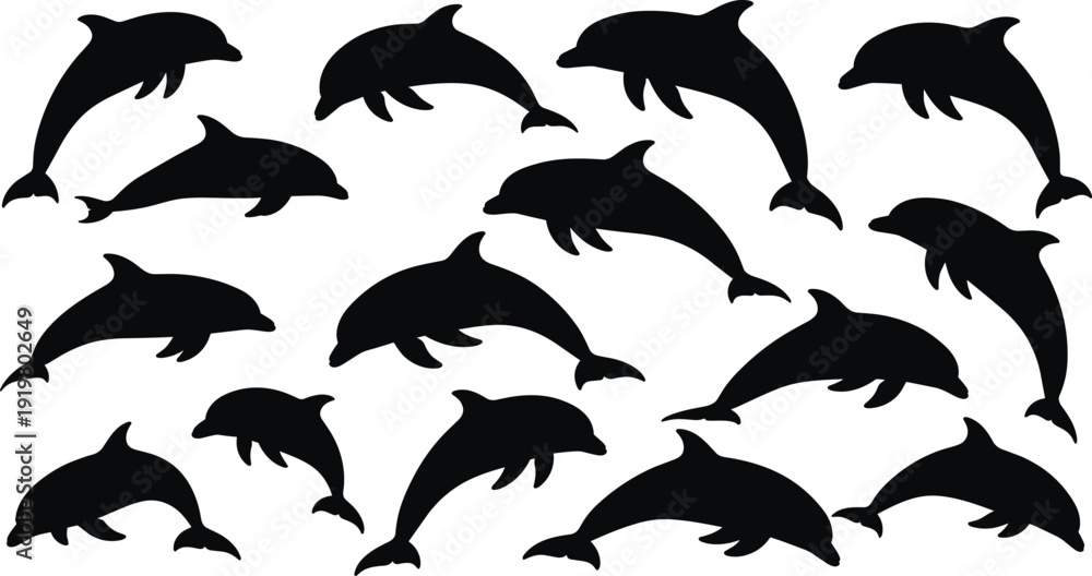 Ταπετσαρία Black vector silhouette set of playful dolphins jumping and swimming in various