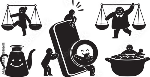 Black and white illustration of people working together