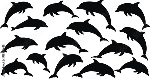 Black vector silhouette set of playful dolphins jumping and swimming in various organic poses for marine life ocean conservation and aquatic park branding