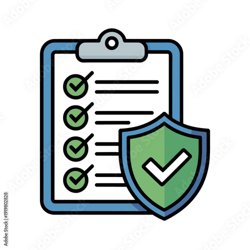 Checklist and shield icon symbolizing completed tasks, verified security, and assured quality.