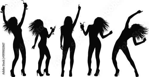 Black vector silhouette set of young women dancing at a club or party with cocktails and drinks for nightlife music and celebration branding