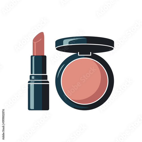 Makeup essentials, including a lipstick and compact powder, are elegantly presented for beauty.