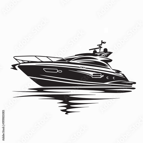 Motor Boat on Water Monochrome Vector Illustration Design