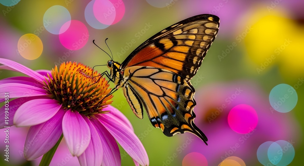 Obraz premium Vibrant butterfly on a pink coneflower, highlighted by dazzling bokeh lights, captures nature's delicate beauty in a serene garden