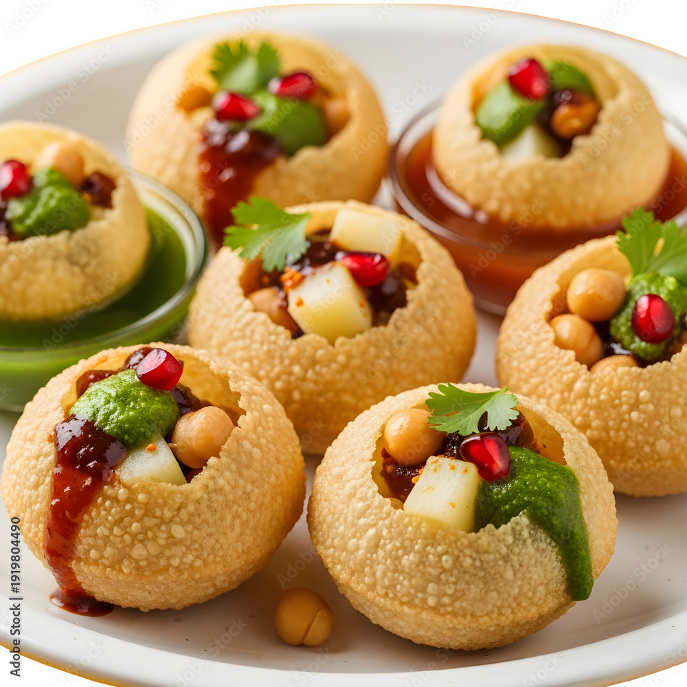 Obraz premium Six crispy Indian street food pani puri served on a white plate, filled with spiced potatoes, chickpeas, tamarind chutney, mint chutney, and garnished with pomegranate seeds and cilantro.