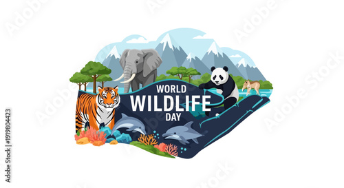 Vector illustration of World Wildlife Day 2026 with various endangered animals and conservation theme in a colorful, flat design.