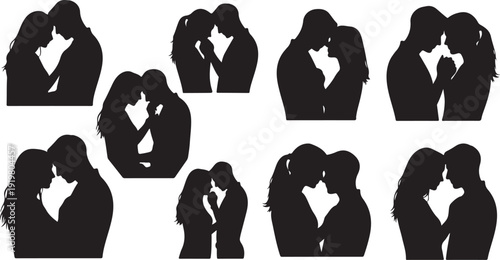 Silhouettes of romantic couples in various loving poses together