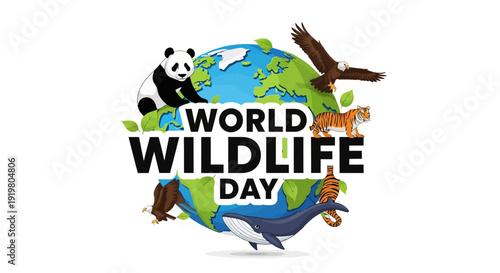 Vector illustration of World Wildlife Day logo with various endangered animals on a globe background promoting Conservation and Biodiversity.
