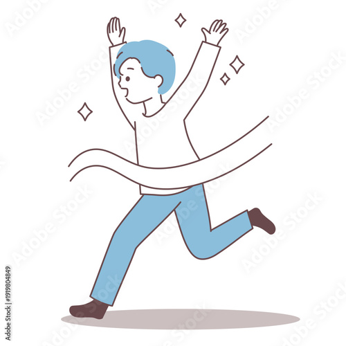 バンザイをしながらゴールテープを切る男性｜シンプルでミニマルなイラスト