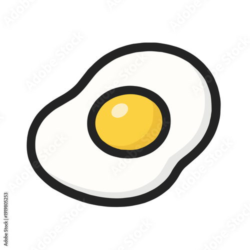 Fried egg icon, breakfast food, simple flat style, yellow yolk, white background, cheerful