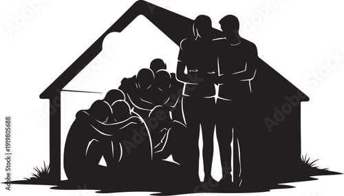 Homeless people seeking shelter under a roof together