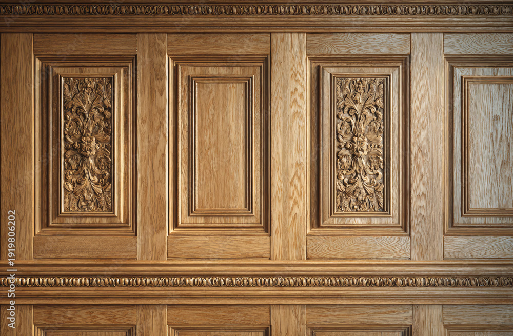 Obraz premium Wooden paneled wall in classic interior design featuring intricate carved floral motifs and natural oak finish