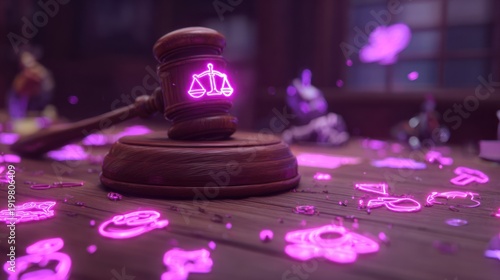 Gavel with glowing scales icon on wooden table against blurred background