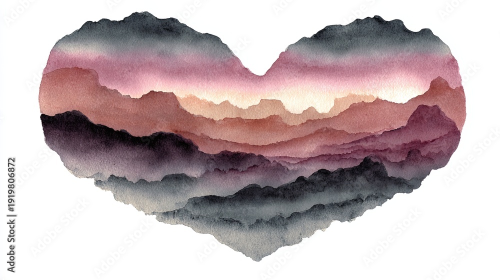 Fototapeta premium Watercolor painting of mountain layers in shades of pink, purple, and gray, forming a heart shape with a soft, dreamy aesthetic.