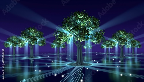 Digital trees bathed in blue light interconnected by glowing lines on a dark surface