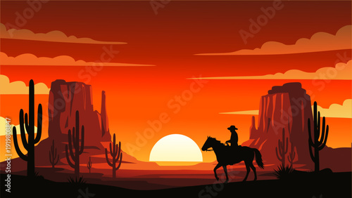 Vector illustration of a cowboy on horseback in a serene desert landscape at sunset with cacti and rock formations