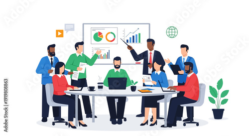 Diverse team collaborating in a modern business meeting.