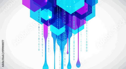 Vibrant digital data visualization with binary code and geometric shapes