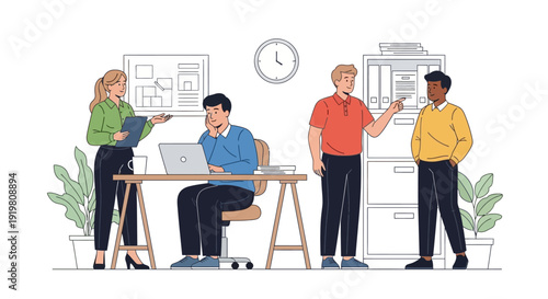 Diverse team collaborating in modern office setting.