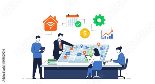 Business team planning strategy on interactive map table.
