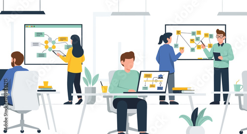 Diverse team collaborating on project strategy in modern office.