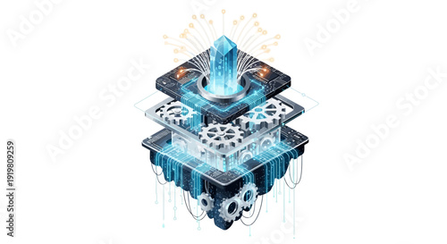 Futuristic technology concept with glowing blue crystal and gears