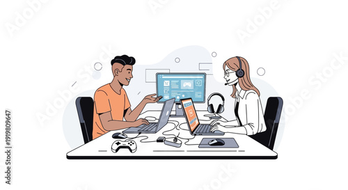 Two people collaborating on a computer project at a desk.