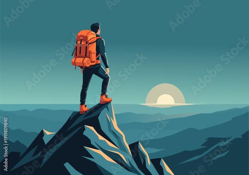 Vector Illustration of Hiker on Mountain Peak Gazing at Sunset with Backpack in Blue and Orange