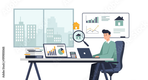 Man working on real estate market analysis with laptops and charts.