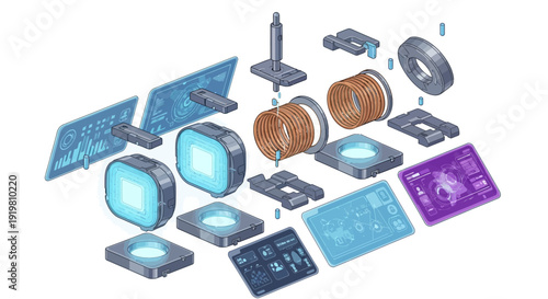 Disassembled modern technology components with glowing blue screens
