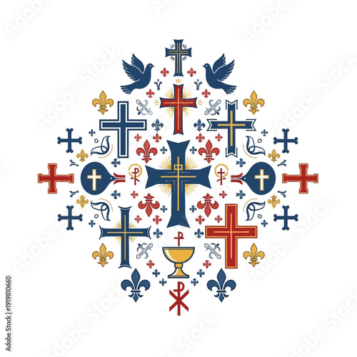 Vibrant Christian symbols arrangement with crosses and doves