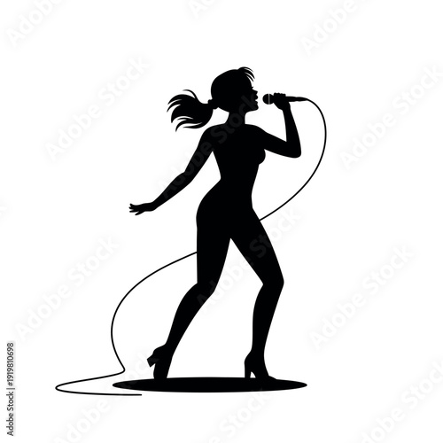 Dynamic silhouette of a female singer passionately holding a microphone on stage with dramatic flair.