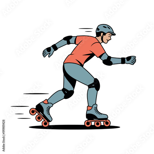 Athlete wearing protective gear skates quickly forward on inline rollerblades demonstrating active urban.
