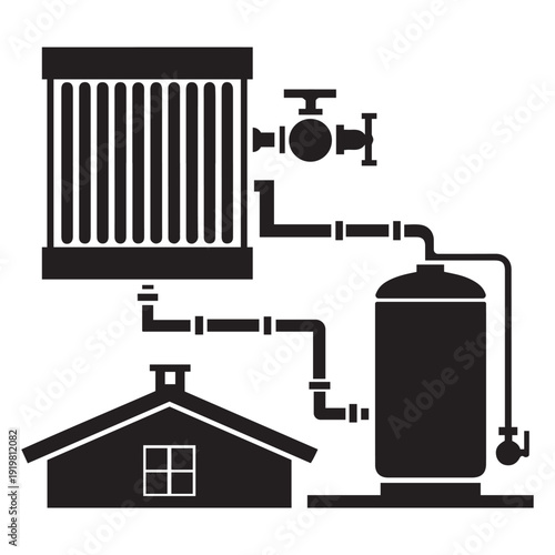 Black Silhouette Illustration of a Residential Heating System with Radiator, Tank, and Pipes