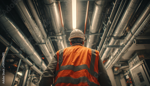 Worker in an orange safety vest and white helmet walking through industrial piping system in a manufacturing or utility facility