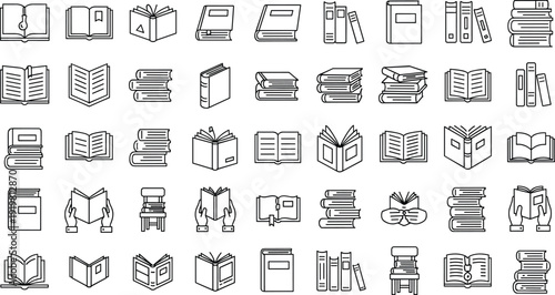 Books and Library Line Icons Set, Open and Closed Book Collection, Reading Education Literature Outline Vector Illustration