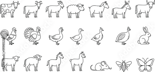 Farm and Domestic Animals Line Icons Set, Livestock, Poultry and Wildlife Outline Collection for Agriculture and Rural Farming Design