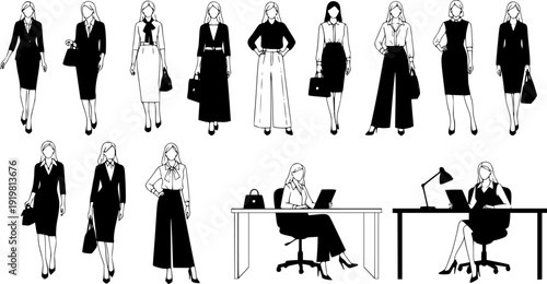 Women business fashion silhouette outfit collection with elegant formal wear, modern office style clothing, minimalist black white illustration set
