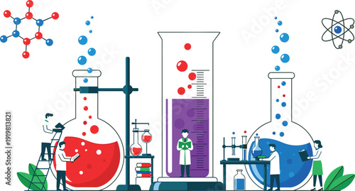Scientific Laboratory Research Concept Illustration, Chemistry Experiment with Beakers and Scientists, Modern Science Innovation and Pharmaceutical Development Design