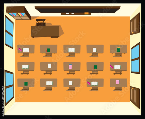 School Classroom Top View College Study Deck Blackboard Above Vector