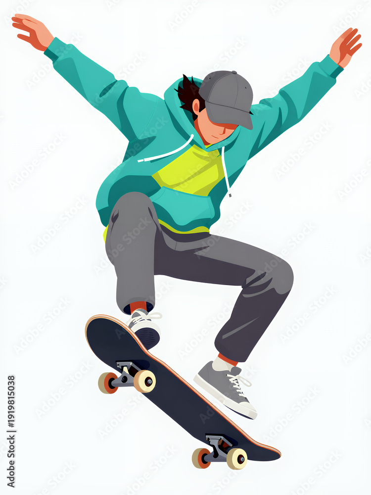 Fototapeta premium Young Skateboarder Performing A Trick In Mid-Air, Vector Illustration For Sports And Lifestyle
