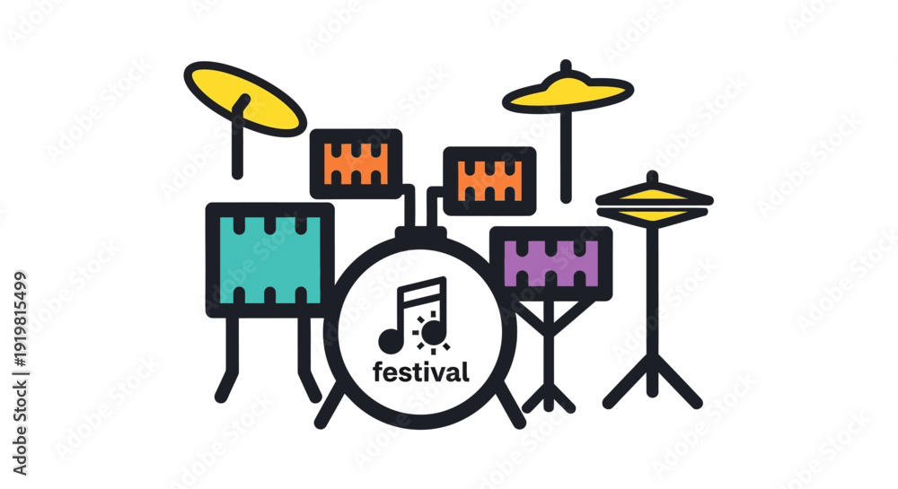 Obraz premium Vibrant festival drum kit illustration showcasing music, drums, cymbals, festival, entertainment in a lively setting from a front viewpoint