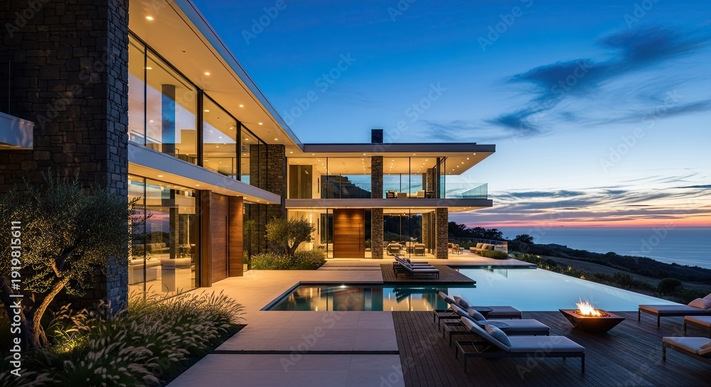 Fototapeta premium Luxury Modern Villa with Infinity Pool and Ocean Sunset View