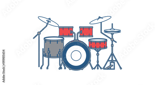 A drum set is illustrated in a minimalist style on a plain background from a front viewpoint