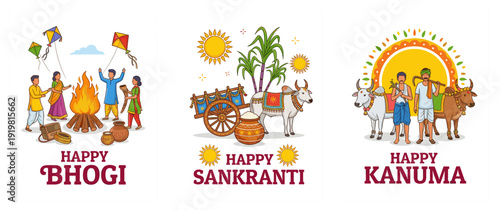 Happy bhogi sankranti and kanuma festival vector greeting card set featuring traditional celebration scenes with people dancing bonfire bullock cart harvest pot and indian farmers.