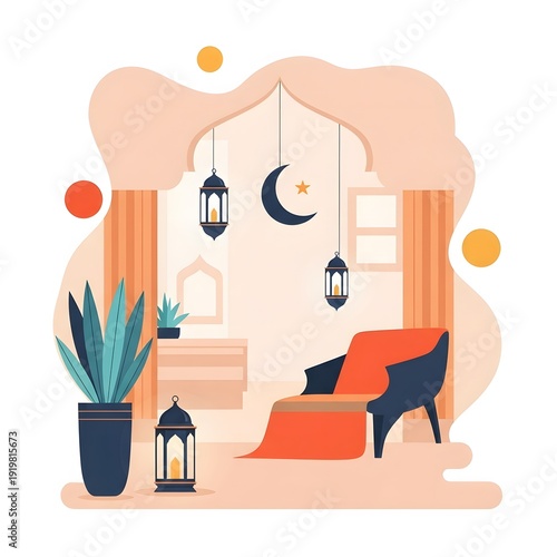 Wallpaper Mural Ramadan Kareem Illustration with Crescent Moon and Lanterns – Islamic Festive Background (AI Generated) Torontodigital.ca