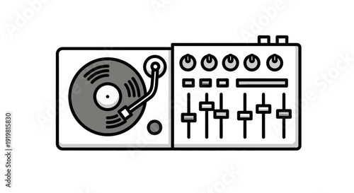 A graphic illustration of a DJ mixer and vinyl record player in a music studio setup viewed from the front