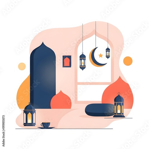 Wallpaper Mural Ramadan Kareem Illustration with Crescent Moon and Lanterns – Islamic Festive Background (AI Generated) Torontodigital.ca