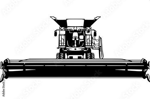 Black silhouette combine harvester side view unloading grain, vector illustration, white background, flat design