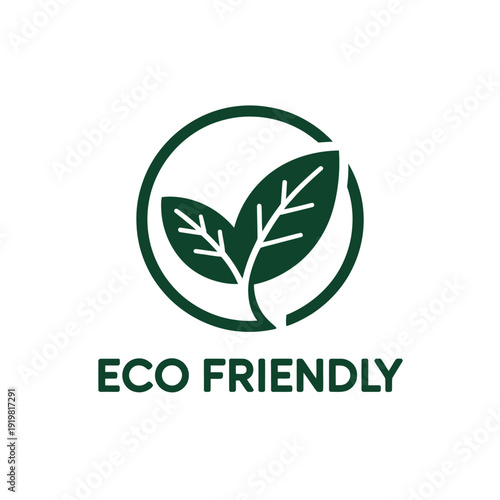 Green circular emblem clearly displays two leaves symbolizing eco friendly and organic certification marks.